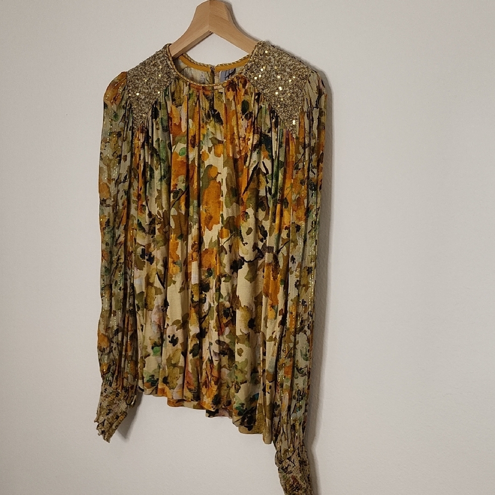 Anthropologie Floral Sequin Blouse in Gold and Cream - Picture 5 of 12